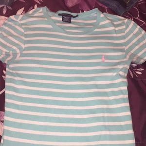 Light blue striped pink polo shirt